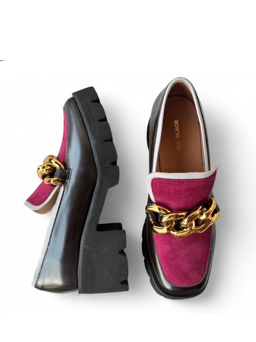 Chunk Links Lady Lugg Women's Chunky Loafers with Fuchsia Suede and Gold Chain